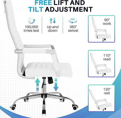 Shahoo Ribbed Office Chair, High-Back PU Leather Office Chair Executive Task Chair with 360° Swivel Wheels for Conference Room, Home Offices (White)