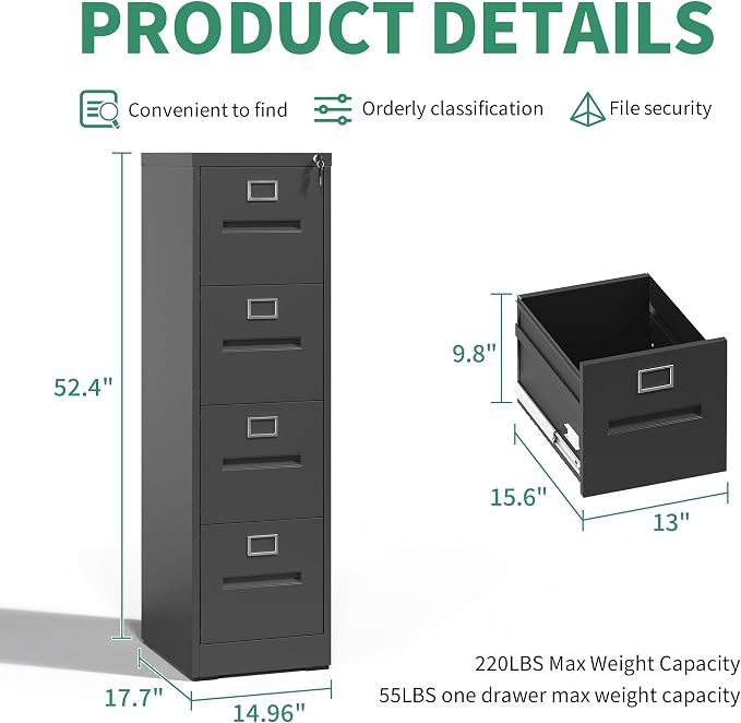 4 Drawer File Cabinet, Vertical File Cabinets with Lock for Home Office,Heavy Duty Office Steel Filing Cabinet for Hanging Letters/Legal/A4, Assembly Required (Black)