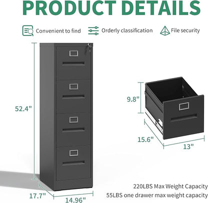 4 Drawer File Cabinet, Vertical File Cabinets with Lock for Home Office,Heavy Duty Office Steel Filing Cabinet for Hanging Letters/Legal/A4, Assembly Required (Black)