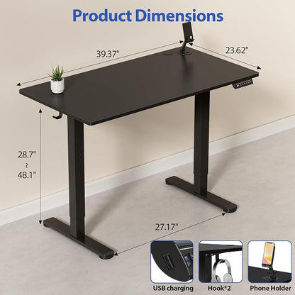 YESHOMY Height Adjustable Electric Standing Desk, 39 x 24 Inches Memory Home Office Sit Stand up Desk with Phone Holder and USB Charging Port, Black