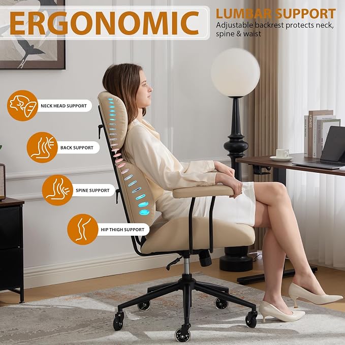 E-Motie Ergonomic Leather Office Chair, Computer Desk Chair, Beige | Adjustable Headrest, 360° Swivel & Rolling Wheels, Lumbar Support, Padded Arms, High Back, for Long Hours Sitting