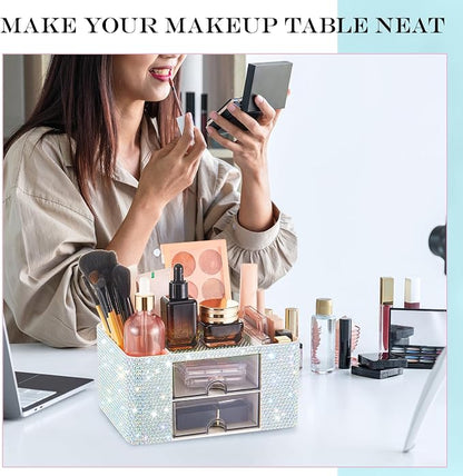 MotiMind Silver Bling Desk Organizer with 2 Drawer, Sparkly Makeup Organizer for Vanity, Girly Desk Accessories, Rhinestone Pen Holder, Elevate Your Workspace with Silver Serenity (Diamond)