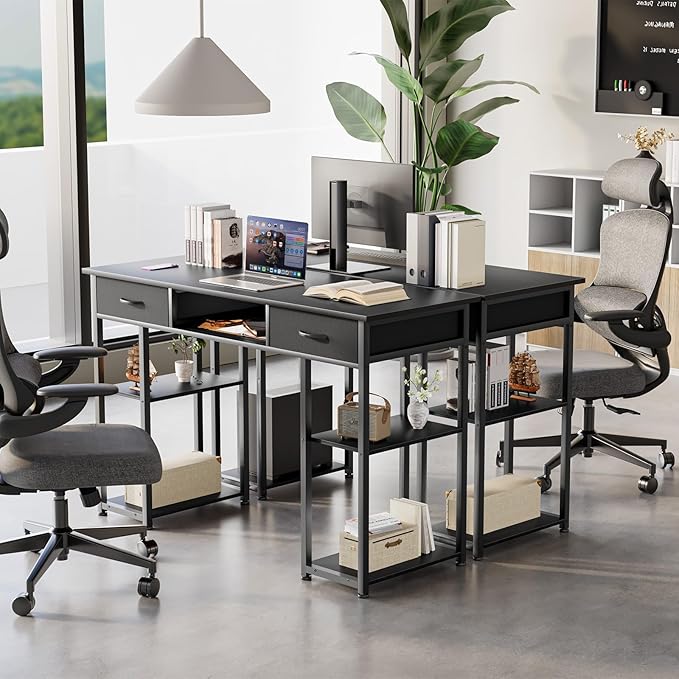 DUMOS 48" Small Computer Home Office Desk for Bedroom with Drawers, Gaming Writing Study Table with Storage Shelf, Adjustable Feet, Compact Desk for Gaming and Home Office Use, Metal Frame Black