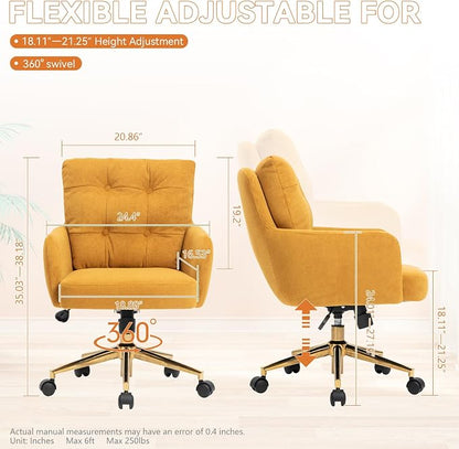 Flannel Office Chair, Comfy Home Office Desk Chairs with Lumbar Support, Modern Velvet Desk Chair Gold Legs Small Swivel Task Chair for Home Office, Bedroom, Study (Yellow, XL)