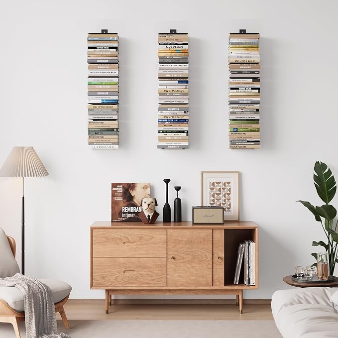 Wawocs Invisible Bookshelves for Wall, 8 Tier Floating Bookshelf Made of Heavy Duty Metal, Vertical Spine Book Tower Hanging Wall Bookshelf, Floating Book Shelves for Wall, 4 Pack Black