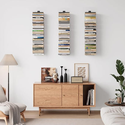 Wawocs Invisible Bookshelves for Wall, 8 Tier Floating Bookshelf Made of Heavy Duty Metal, Vertical Spine Book Tower Hanging Wall Bookshelf, Floating Book Shelves for Wall, 4 Pack Black