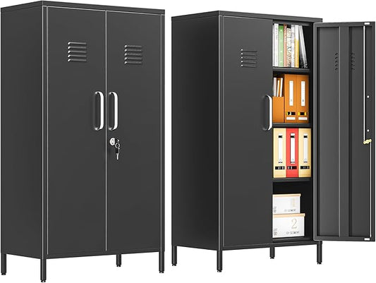 pozdeg 47.24" Metal Storage Locker with Lockable, Employees Metal Steel Locker with 2 Door ＆ 3 Adjustable Shelves, Small Locker Storage Cabinets for Home, School, Office, Gym (Black)