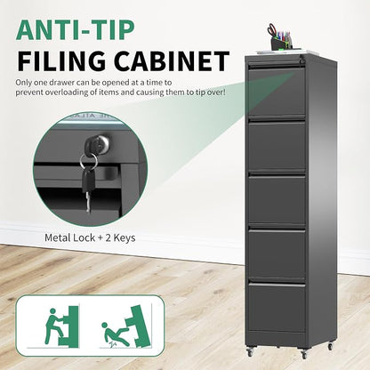 5 Drawer Mobile File Cabinet, Under Desk File Cabinet,Metal Filing Cabinets with Lock for Home Office Organizer Letter/Legal/A4,Require Assembly (Black)