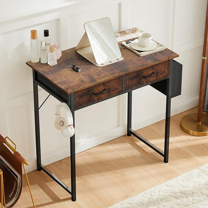 DUMOS 32" Home Office Computer Desk with Drawers, Small Gaming Writing Study Table with Storage Side Bag, Headphone Hook and Adjustable Feet for Bedroom Rustic Brown