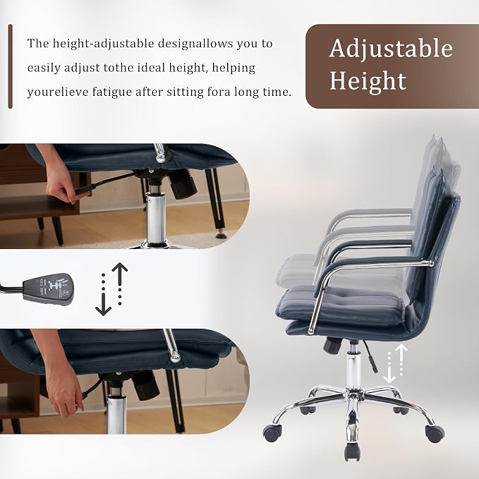 Mid-Back Ergonomic Leather Office Chair, Modern Upholstered Executive Desk Chair with Gold Frame Armrest Computer Task Chair (Dark Blue &Silver Legs)