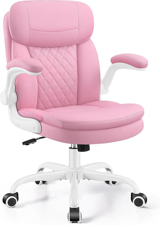 Leather Office Chair, Upgraded PU Computer Desk Chairs with Double-Layer Seat Cushion and Neckrest, 360°Swivel, Ergonomic Small Gaming Chair with Wheels and Adjustable Armrests for Short People, Pink