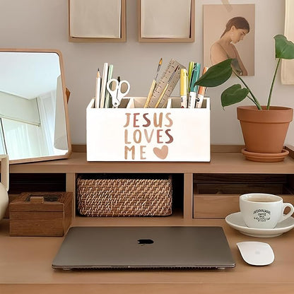 Boho Christian Inspirational Pen Holder, Christian Gifts Pencil Holder for Desk, Jesus Loves Me Bible Verse Wooden Box Sign Decorations for Kids Nursery Room Bedroom Classroom Desk Tabletop