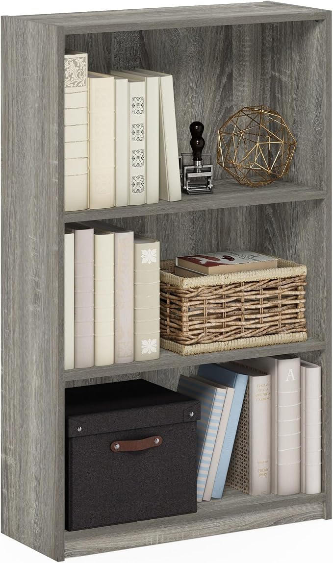 Furinno Jaya Book Shelf, 3-Tier Bookshelf, Standing Bookcase with Adjustable Shelves, 9.5 x 24.5 x 40.3, for Organization and Storage, for Living Room, Bedroom, Home Office, Grey Oak