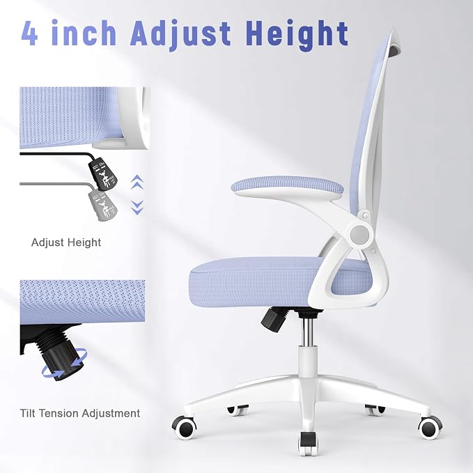 naspaluro Ergonomic Office Chair, Mid Back Desk Chair with Adjustable Height, Flip-Up Arms and Lumbar Support, Breathable Mesh Swivel Computer Chair for Home Study Working/Light Purple