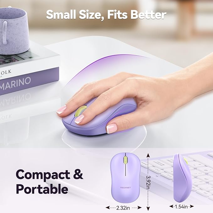 TECKNET Wireless Mouse for Laptop, 2.4G Silent Computer Mouse Quiet Click with 5 DPI Levels,Contoured Grip,Small Portable 30 Months Battery Cordless Mice for PC, Chromebook, Mac - Light Purple