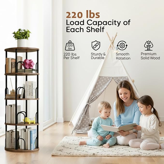 4 Tier Rotating Bookshelf Tower for Kids, Small Narrow Corner Book Shelf for Childrens, Toddler, Nursery Bookcase for Toy, Lego Dispaly Shelf for Bedroom Living Room Office Kitchen Shelf Tower