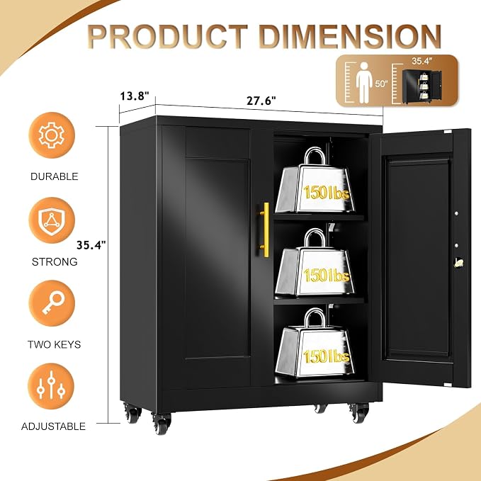 36" Metal Garage Storage Cabinet with Lock and Wheels,Rolling Steel Locker Organizer,Office File Cabinet with 2 Doors and 2 Adjustable Shelves,Tool Cabinets for Home Office,Gym,School (Black)