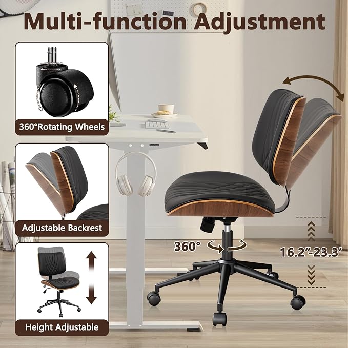 CLATINA Armless Home Office Chair, Desk Chair with Wheels, Adjustable Height Reading Chair, Leather Mid Back & Swivel Computer Chair, Modern Walnut Chairs with Back for Study Meeting Room(Black) 2Pack