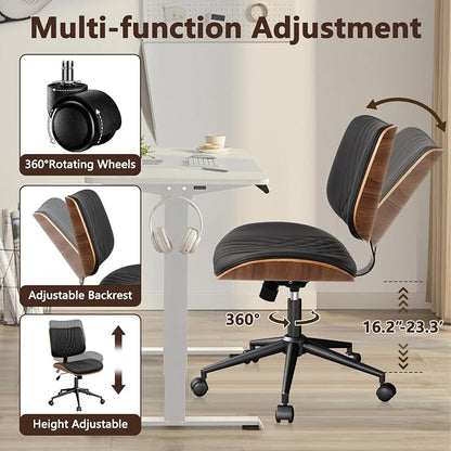 CLATINA Armless Home Office Chair, Desk Chair with Wheels, Adjustable Height Reading Chair, Leather Mid Back & Swivel Computer, Modern Walnut Chairs with Back for Study Meeting Room(Black) 4Pack
