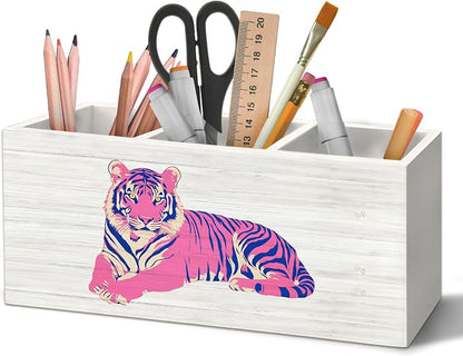 Trendy Retro Pink Tiger Pen Holder Organizer for Desk Accessories, Funky Preppy 70s Wooden Box Sign Desk Decorations for Girly Room Bedroom Dorm School Decor, Tiger Gifts for Women