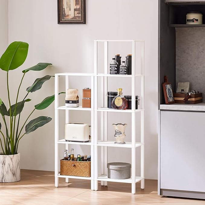 YUFAM 4 Tier Tall Wooden Bookshelf with Storage - Small White Bookcase for Small Spaces, Shelf for Living Room, Office, Bedroom, Kitchen - Industrial Modern Book Shelf