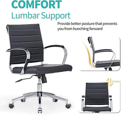 Mid-Century Modern Black Leather Office Chair with armrests, Adjustable Swivel Desk Chair for Home Office, Ergonomic Executive Chair
