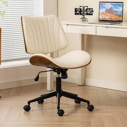 EROMMY Armless Office Desk Chair,Wooden Back Small Office Desk Chair No Arms Adjustable Height Modern Armless Chairs with Swivel Wheels for Small Spaces, Beige