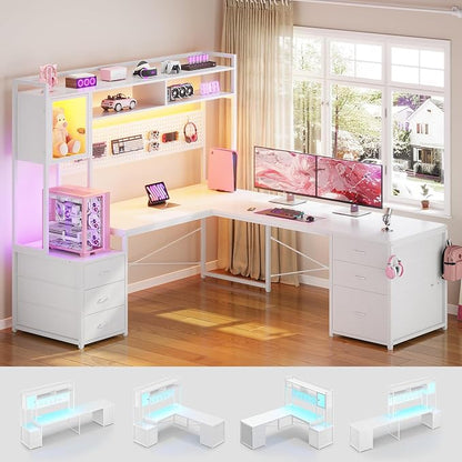 SEDETA L Shaped Gaming Desk with Drawers, Reversible Computer Corner Desk with File Drawer, Hutch, Storage Shelves for Home Office, Gaming Two Person Desk with Led Lights, Power Outlet, White