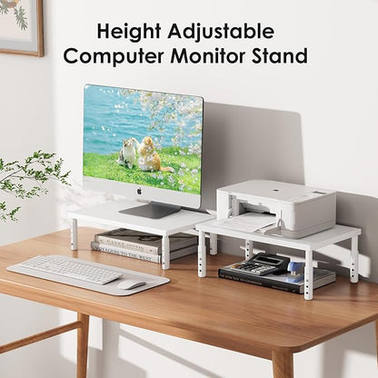 ECOLOVI Wood Computer Monitor Stand Riser for Desk, 4-Height Adjustable Desktop PC Printer Laptop Stand Shelf, Desk Organizer Workspace Accessories for Home Office Supplies, White