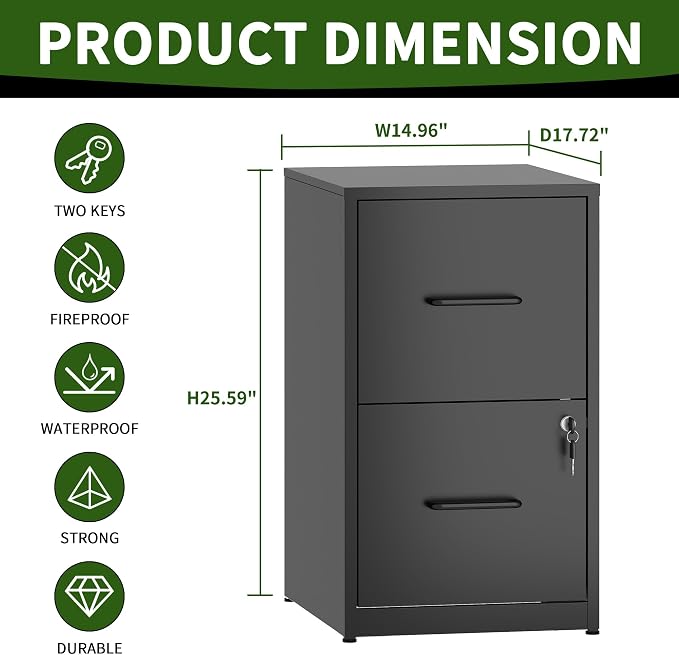 2 Drawer File Cabinet with Lock, Steel Vertical Filing Cabinets for Home Office, Small Metal Storage Cabinet for Hanging Letter Size Files Folders, Assembly Required(Black)