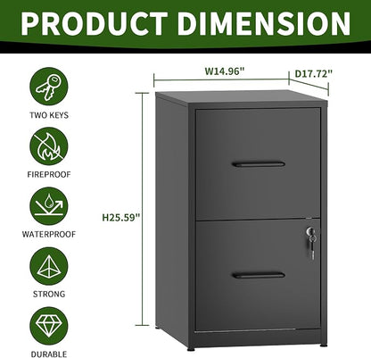 2 Drawer File Cabinet with Lock, Steel Vertical Filing Cabinets for Home Office, Small Metal Storage Cabinet for Hanging Letter Size Files Folders, Assembly Required(Black)