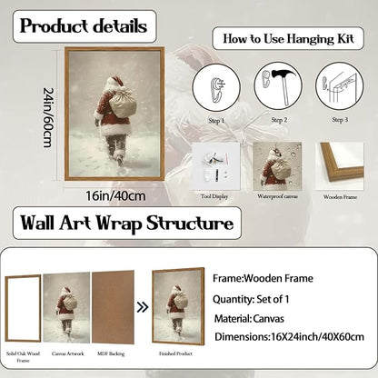 Framed Vintage Christmas Canvas Wall Art, Rustic Santa Claus Walking Snowy Wall Decor Paintings, Winter Holiday Aesthetics Pictures Print Christmas Home Decor for Living Room Bedroom 16x24inch