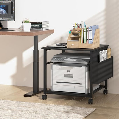 Lerliuo Black Large Printer Stand with Storage, 23.6" W x 23.6" D x 22.8" H Printer Table for Home Office, Rolling Printer Cart Holder with Lockable Wheels, Mobile Mini Fridge Stand Table