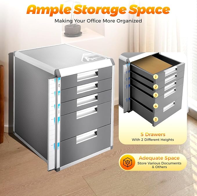 5 Drawer File Sorters,Desktop Drawer Organizer,A4 Aluminium Alloy Document Storage Box,Office Papers Organizer,File Cabinet with Labels,Grey