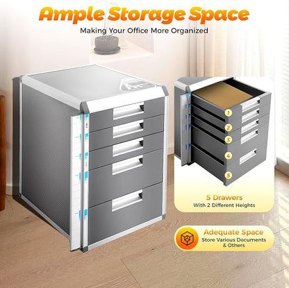 5 Drawer File Sorters,Desktop Drawer Organizer,A4 Aluminium Alloy Document Storage Box,Office Papers Organizer,File Cabinet with Labels,Grey