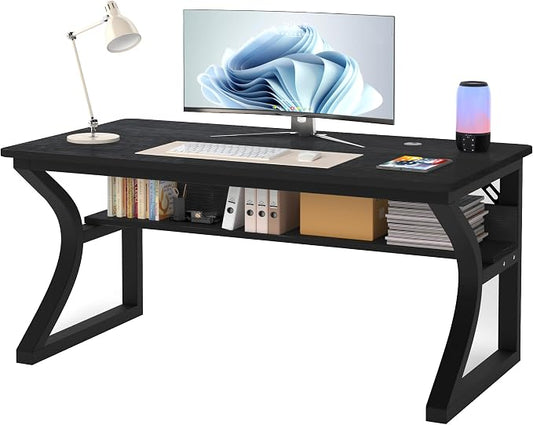 AZN Computer Desk, 55 X 20 inch Computer Desk, Office Desk w/Storage, Large Legroom, Sturdy Metal Frame, Home Office Desks for Gaming Study Writing Work, Waterproof, Scratch-Resistant, Black