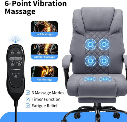 HOFFREE 400lbs Massage Office Chair with Foot Rest 6 Points Vibration Ergonomic Executive Office Chair Reclining High Back Computer Desk Chairs Grey Fabric