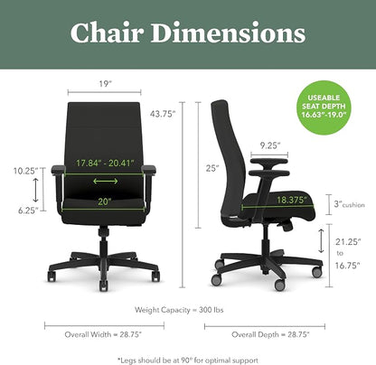 HON Ignition 2.0 Ergonomic Office Chair with Adjustable Arms, Standard Synchro‑Tilt Recline, Upholstered Desk and Computer Chair for Home Office or Workstation, Black Frame, Bark