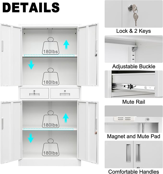 CMY Metal Storage Cabinet, 71" H x 32" W x 16" D Locking Cabinet with Adjustable Shelves and 2 Drawers, Steel Storage Cabinet for Office, Garage, Home, School, Utility Room-White