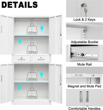 CMY Metal Storage Cabinet, 71" H x 32" W x 16" D Locking Cabinet with Adjustable Shelves and 2 Drawers, Steel Storage Cabinet for Office, Garage, Home, School, Utility Room-White