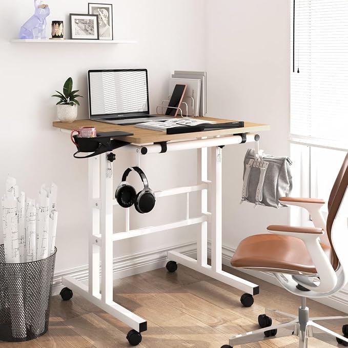 Small Standing Desk with Removable Cup Holder, Height Adjustable Mobile Laptop Stand on Wheels, Ergonomic Rolling Computer Workstation for Home Office, Portable Overbed Table for Couch & Bed, Khaki