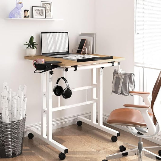 Small Standing Desk with Removable Cup Holder, Height Adjustable Mobile Laptop Stand on Wheels, Ergonomic Rolling Computer Workstation for Home Office, Portable Overbed Table for Couch & Bed, Khaki
