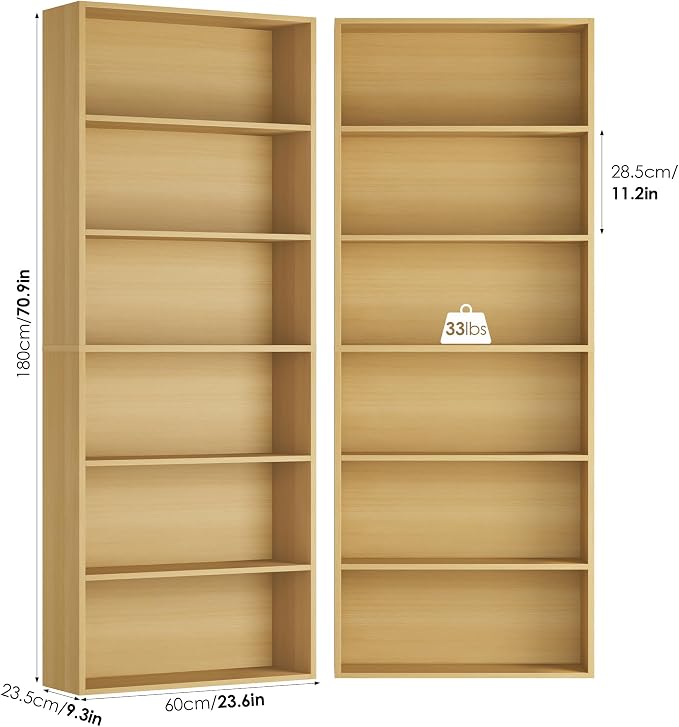 FOTOSOK 6-Tier Open Bookcase and Bookshelf, Freestanding Display Storage Shelves Tall Bookcase for Bedroom, Living Room and Office,Natural Set of 2