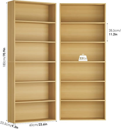 FOTOSOK 6-Tier Open Bookcase and Bookshelf, Freestanding Display Storage Shelves Tall Bookcase for Bedroom, Living Room and Office,Natural Set of 2