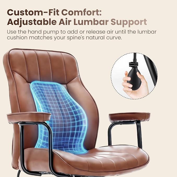 Mid Century Modern Office Chair with Inflatable Lumbar Support, Ergonomic Brown PU Leather Desk Chair with Arms, Height Adjustable Swivel Executive Computer Chair for Home Office (Brown)
