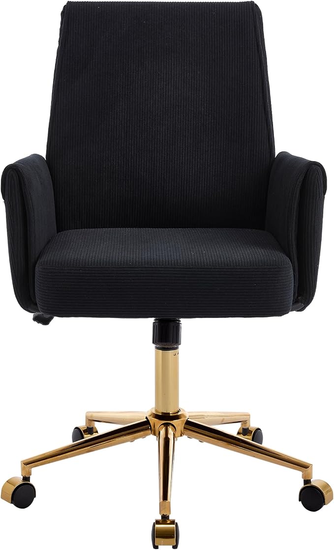 YITAI Stripes Velvet 360°Swivel Desk Chair, Modern Height Adjustable Home Office Armchair with Gold Base and Wheels for Vanity, Comfy Computer Chair for Study Living Room Bedroom（Black）