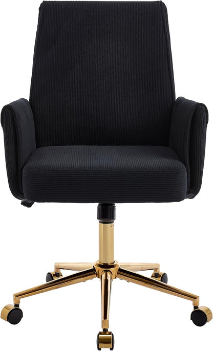 YITAI Stripes Velvet 360°Swivel Desk Chair, Modern Height Adjustable Home Office Armchair with Gold Base and Wheels for Vanity, Comfy Computer Chair for Study Living Room Bedroom（Black）
