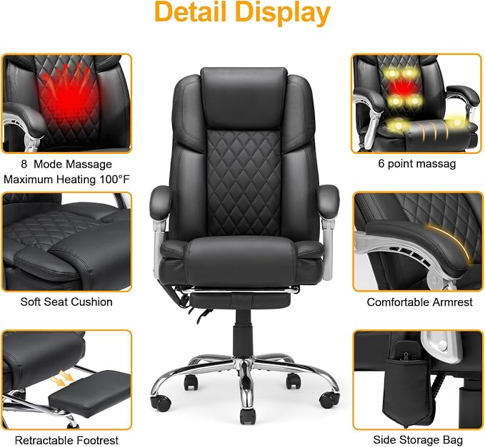 HOMREST 6-Point Massage Office Chair with Lumbar Support, Heated Executive Office Chair with Reclining Backrest, Computer Gaming Chair for Home Office, Black