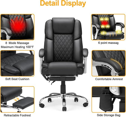 HOMREST 6-Point Massage Office Chair with Lumbar Support, Heated Executive Office Chair with Reclining Backrest, Computer Gaming Chair for Home Office, Black
