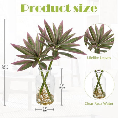 GnFlus Artificial Pink Plants Stems in Glass Vase with Faux Water,Fake Silk Plant Dracaena Leaves for Centerpiece Table Decorations Farmhouse Wedding Home Greenery Decor